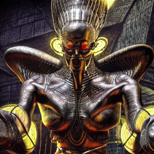 Prompt: a detailed 3 d render of a frightening egyptian demon wearing cyberpunk warrior armor in the style of stephen gammall and escher, william blake, rembrandt, raphael, giger, junji ito, artstation, crisp image, award - winning art, 8 k, vivid color scheme, tilt shift focus, cinematic