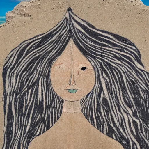 Prompt: a beautiful street art of a human - like creature with long, stringy hair. the figure has no eyes, only a mouth with long, sharp teeth. the creature is standing on a cliff overlooking a dark, foreboding sea. damascening inlay by squeak carnwath lifelike, unnerving