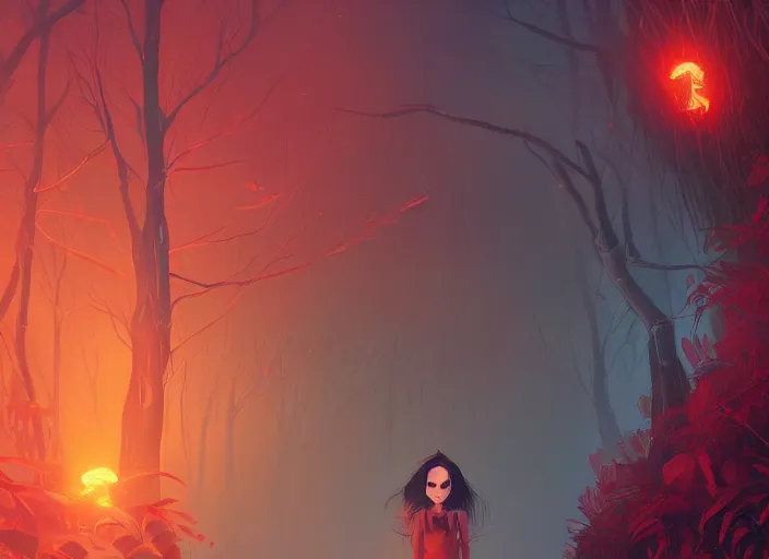 Image similar to a woman with [ red energy emanating from her hand ]!, stands in the middle of a pathway in a timid forest, trending on cgsociety, digital art, illustrated by max hay and anton fadeev, bioluminescent atmosphere, back view, intricate