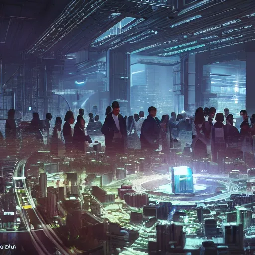 Prompt: large group people in a huge warehouse, looking at hologram of futuristic city on a table | cinematic concept art | godrays | 4 k | clear details | tabletop model | tabletop model | hologram foreground