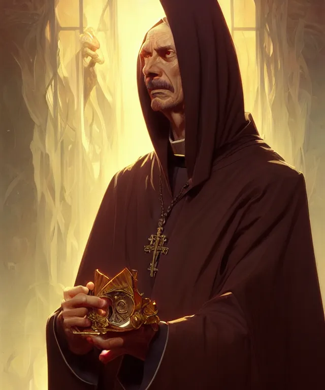 Prompt: an evil priest, portrait, intricate, elegant, highly detailed, digital painting, artstation, concept art, smooth, sharp focus, illustration, art by artgerm and greg rutkowski and alphonse mucha