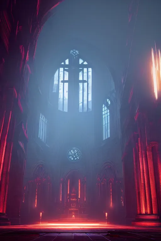 Image similar to symmetrical, centered composition, ancient church with red shafts of light in destiny 2, foggy, liminal, dark, dystopian, beautiful architecture, abandoned, highly detailed 4 k destiny 2 expansion key art wallpaper