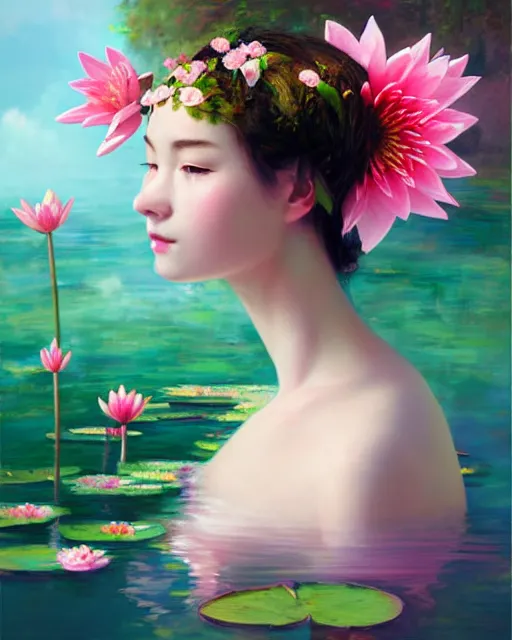 Prompt: the goddess of summer, with pink water lilies on her head, half - length head portrait, dreamy, beautiful, by wlop