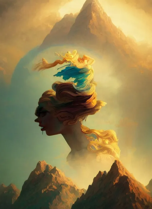 Image similar to goddess of clouds and mountains, concept art, symmetrical, trending on artstation vivid color, complementary color, golden ratio, detailed, sharp lines, intricate, rainbowshift by andrei riabovitchev, by peter mohrbacher, by gustave dore, by maxfield parrish, by alphonse mucha, deviantart, octane render