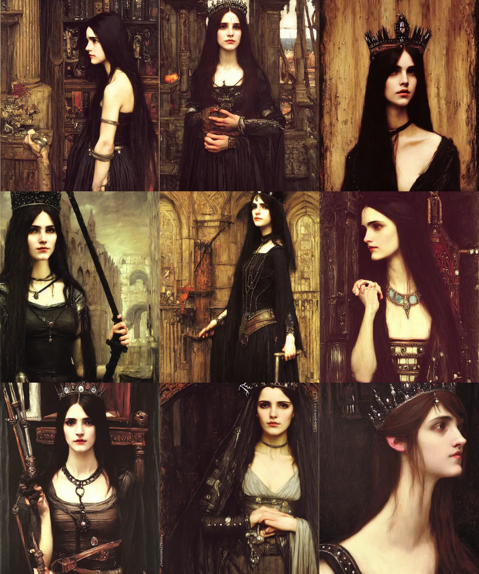 Prompt: The portrait of Lady in black wax crown by John William Waterhouse, dark fantasy, witcher, very detailed oil painting, masterpiece, 8k