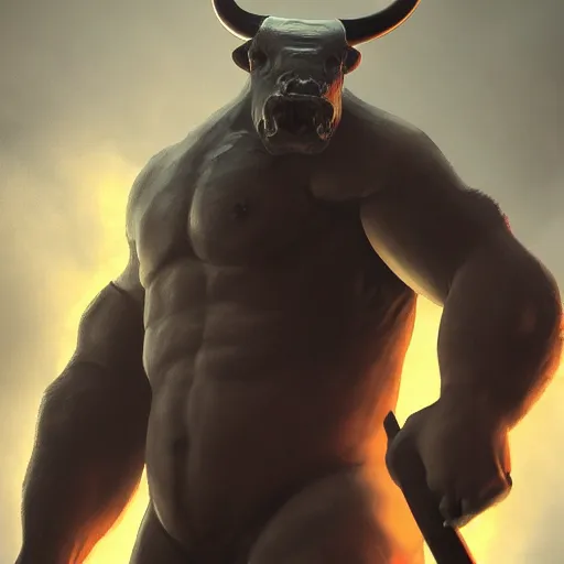 Image similar to Bull zoomorph creature carrying a big two-handed axe, dark atmosphere, angry look, gta 5 cover style, highly detailed, digital painting, Trending on artstation , HD quality, by Juanjo Guarnido, dramatic light, octane