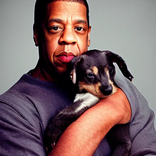 Image similar to JAY Z holding a puppy for a 1990s sitcom tv show, Studio Photograph, portrait C 12.0