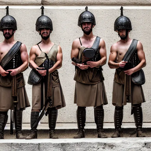 Image similar to photography portrait of a group of roman soldiers holding cell phones, roman empire, leica 1 0 0 mm f 0. 8