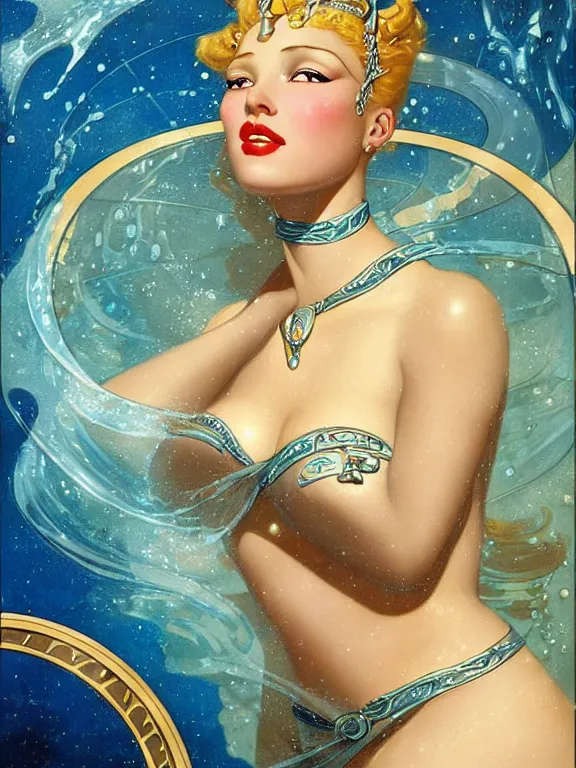 Image similar to princess kida the high queen of ancient atlantis, a beautiful art nouveau portrait by Gil elvgren, beautiful underwater city environment, centered composition, defined features, golden ratio, silver jewelry, stars in her gazing eyes