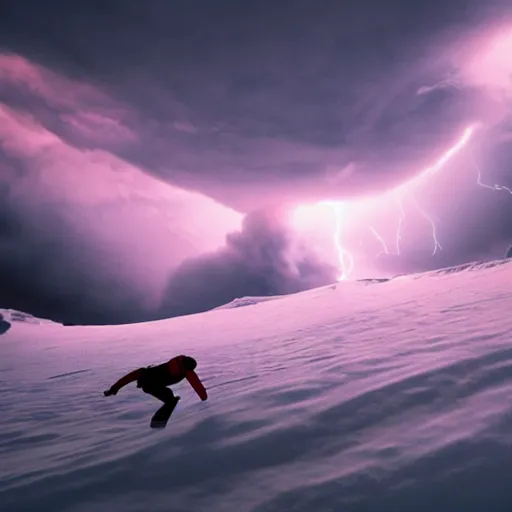 Image similar to jesus snowboarding on puffy volumetric clouds, volumetric illumination, dramatic lightning, 3 d, cinematic, 8 k