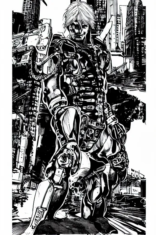 Image similar to raiden from metal gear rising, a page from cyberpunk 2 0 2 0, style of paolo parente, style of mike jackson, adam smasher, johnny silverhand, 1 9 9 0 s comic book style, white background, ink drawing, black and white, colouring pages