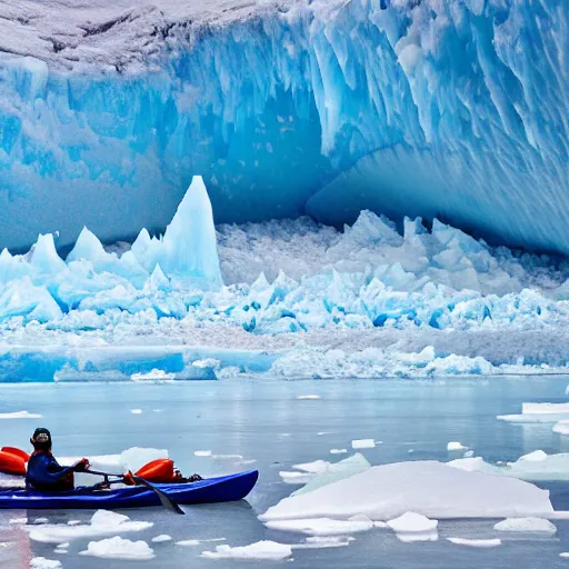 Image similar to a wide angle photograph taken on a kayak of a river with blue skies ahead and very tall blue frozen glaciers on the sides, rowing out of a frozen ice cave