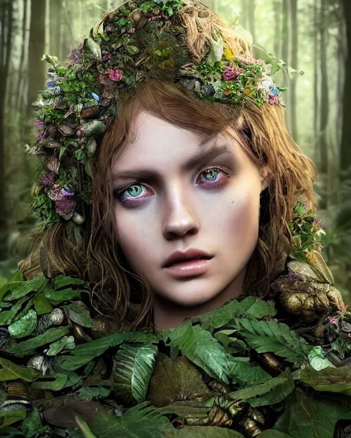 Prompt: portrait high definition photograph cute woman fantasy character art, hyper realistic, pretty face, hyperrealism, iridescence water elemental, snake skin armor forest dryad, woody foliage, 8 k dop dof hdr fantasy character art, by aleski briclot and alexander'hollllow'fedosav and laura zalenga