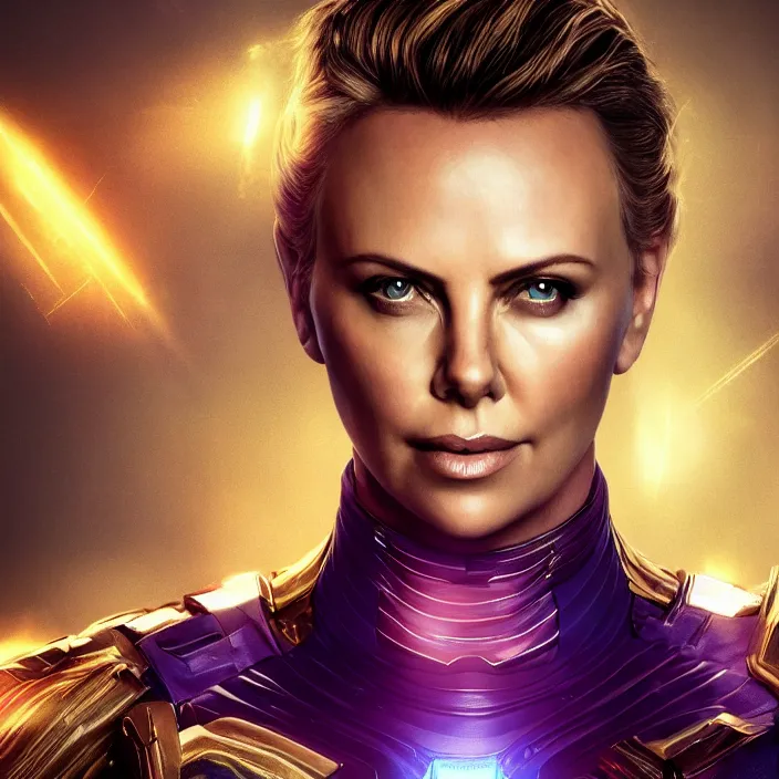 Image similar to portrait of ((Charlize Theron)), wearing The Infinity Gauntlet. SNAP. intricate artwork. octane render, trending on artstation, very coherent symmetrical artwork. thanos. thanos. cinematic, hyper realism, high detail, octane render, 8k, iridescent accents