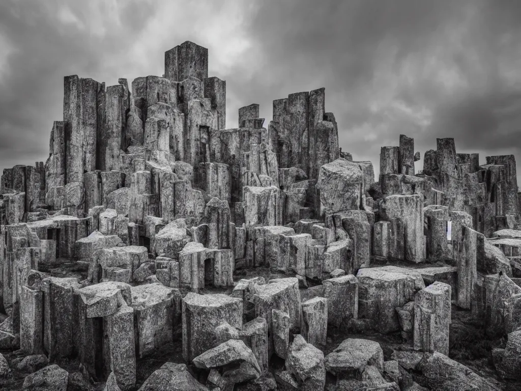 Prompt: photo of a brutalist symmetric cathedral built over a rocky hill, in the middle of a storm. realistic clouds. impressive, magical, very atmospheric, cinematic, very high complexity, stunning, masterpiece, romantic, very detailed. 4 k