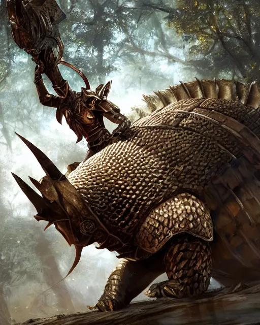 Image similar to Huge armadillo warrior in armor, portrait, woodlands, magic the gathering artwork, D&D, fantasy, cinematic lighting, centered, symmetrical, highly detailed, digital painting, artstation, concept art, smooth, sharp focus, illustration, volumetric lighting, epic Composition, 8k, art by Akihiko Yoshida and Greg Rutkowski and Craig Mullins, oil painting, cgsociety