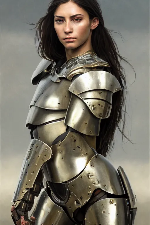 Image similar to a photorealistic painting of an attractive young girl, partially clothed in thick metal-plated battle armor, olive skin, long dark hair, beautiful bone structure, symmetric facial features, perfect eyes, intricate, elegant, natural posture, digital painting, concept art, finely detailed, illustration, sharp focus, minimal artifacts, from Metal Gear, by Greg Rutkowski, in the style of Ruan Jia and Mandy Jurgens and Artgerm and William-Adolphe Bouguerea, trending on Artstation, award winning