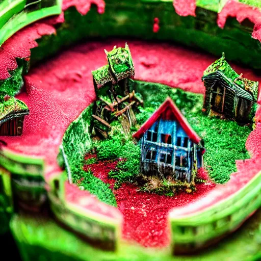 Prompt: macro photo of a miniature secret hidden world with tiny buildings and people inside of a hollowed out watermelon