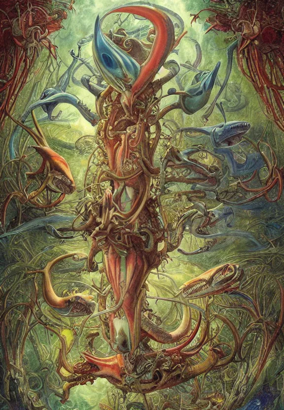 Prompt: simplicity, elegant, colorful muscular sharks, human babies, botany, orchids, radiating, colorful mandala, psychedelic, overgrown garden environment, by h. r. giger and esao andrews and maria sibylla merian eugene delacroix, gustave dore, thomas moran, pop art, biomechanical xenomorph, art nouveau, apocalyptic