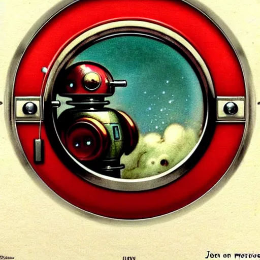 Image similar to designs ( ( ( ( ( 1 9 5 0 s retro future robot android time porthole portal window. muted colors. ) ) ) ) ) by jean baptiste monge!!!!!!!!!!!!!!!!!!!!!!!!! chrome red