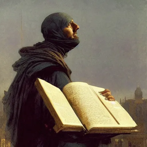 Image similar to portait of magican wearing a closed cerimonial cowl and big old book! chained to the wrist, jeremy mann, jean - leon gerome, tiepolo, alphonse mucha, greg rutkowski, face in the shadows, ( ( ruins of ancient rome ) ), at dusk, mysterious atmosphere, sunrays, dof, high detailed, 8 k