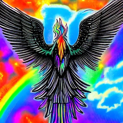 Image similar to An image of an expressive wings open phoenix with iridescent feathers standing on a pile of grey ashes and glowing coal. The phoenix is surrounded by a bright light and waves of fire with a neon bright glowing circular rainbow. Black smoke wafts from the coal.