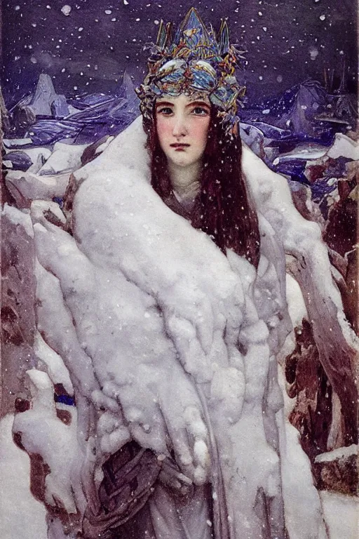 Image similar to goth queen of winter in the snow by Annie Swynnerton and Nicholas Roerich, strong dramatic cinematic lighting , ornate headdress , flowing robes, lost civilizations, smooth, sharp focus, extremely detailed