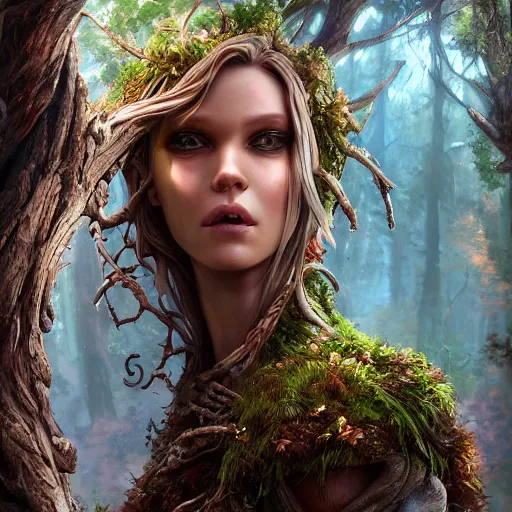 Prompt: high definition digital fantasy character art, hyper realistic face, hyperrealism, elemental guardian of life, forest dryad, woody foliage, 8 k dop dof hdr fantasy character art, by aleski briclot and alexander'hollllow'fedosav and laura zalenga