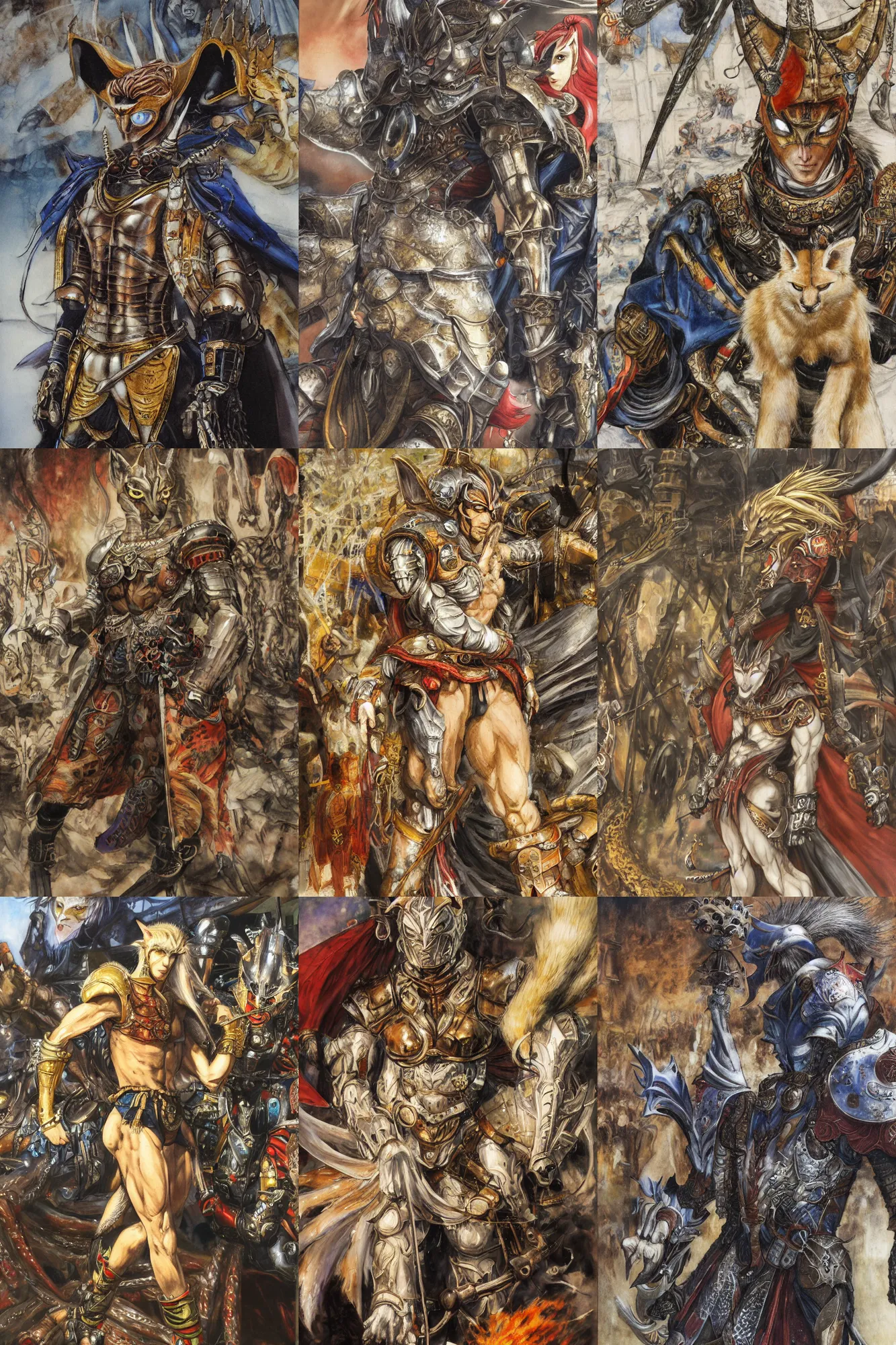 Image similar to 8k Yoshitaka Amano painting of upper body of a young cool looking slim caracal beast-man with white mane at a medieval market at windy day. Depth of field. He is wearing complex fantasy armors. He has huge paws. Renaissance style lighting.