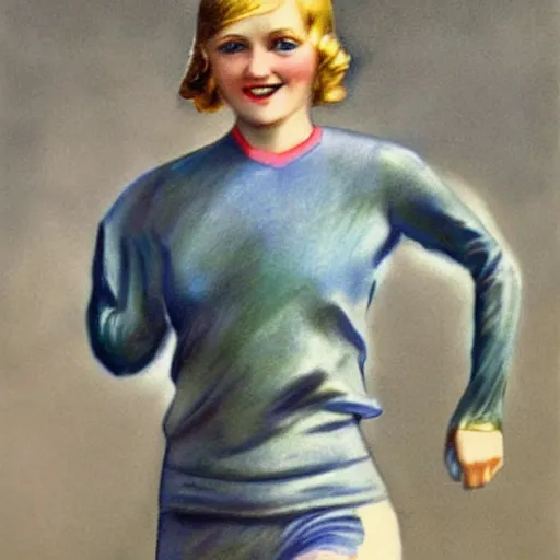 Image similar to a 1 9 2 0 s ultra - realistic color portrait. happy, healthy, beautiful, smiling, young, sporty, blonde, blue - eyed symmetric woman in decent athletic wear. hyper - realistic detailed drawing