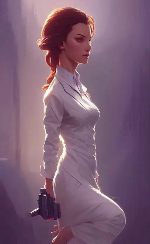 Image similar to Female in office dress, sci-fi, highly detailed, digital painting, artstation, concept art, smooth, sharp focus, illustration, art by artgerm and greg rutkowski and alphonse mucha