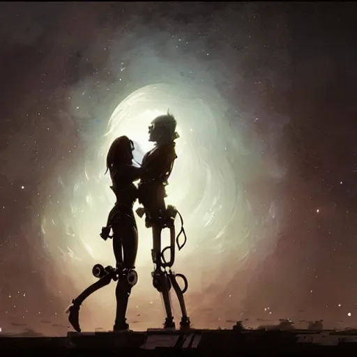 Prompt: A female cyborg kissing their lover, silhouetted by a gigantic Moon, fantasy art by Greg Rutkowski