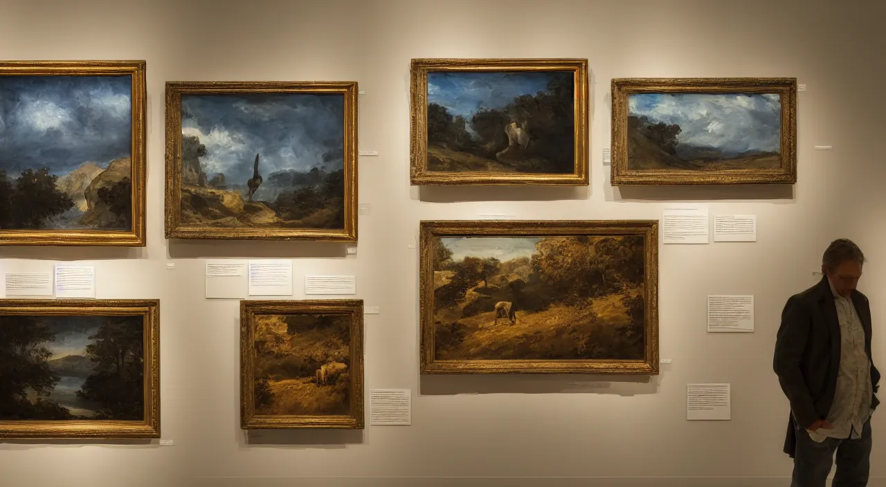 Image similar to in the art gallery, three landscape paintings are displayed side by side, and the middle one is a painting of a horse's head sticking out of the frame.