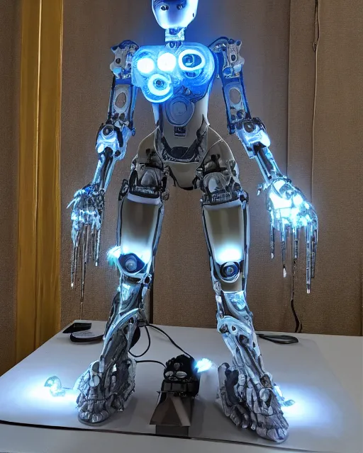 Image similar to sculpture of female angel with solarpunk mecha humanoid robotic parts with bright led lights, pudica pose gesture, by michelangelo, ultra - realistic and intricate, hdr 8 k