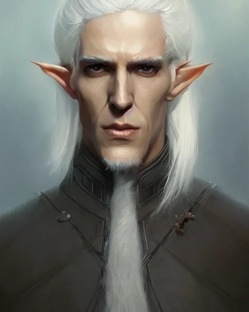 Image similar to character portrait of a slender half - elven man with white hair, by greg rutkowski, mark brookes, jim burns, tom bagshaw, trending on artstation