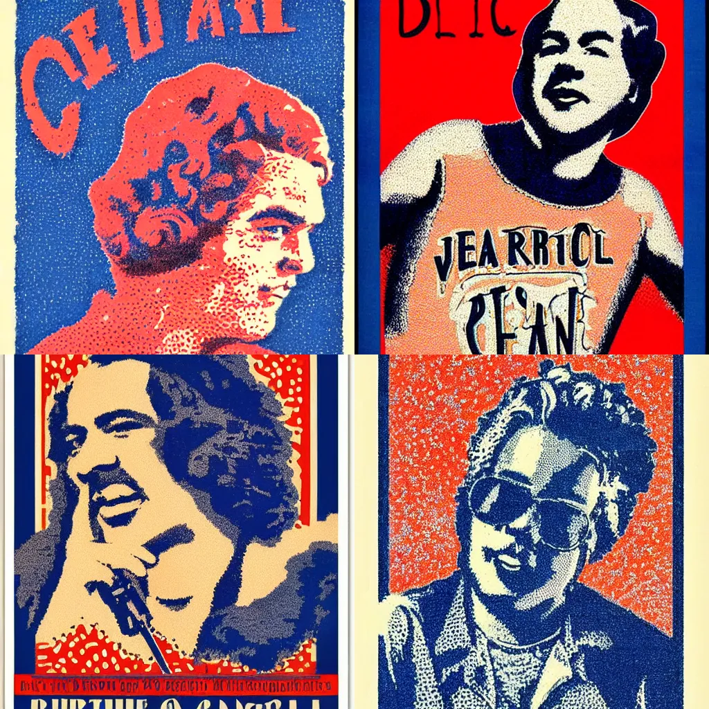 Prompt: pointillism stamp, vintage clothing poster, precise stippling, cross - hatching, face of jerry garcia, blue and red two - tone, retro label, vintage art deco, 1 9 2 0 s advert