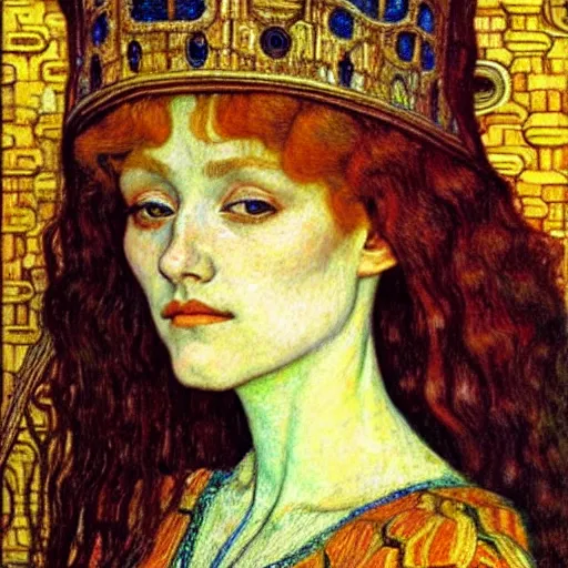 Image similar to detailed realistic beautiful young medieval queen face portrait by jean delville, gustav klimt and vincent van gogh, art nouveau, symbolist, visionary, gothic, pre - raphaelite