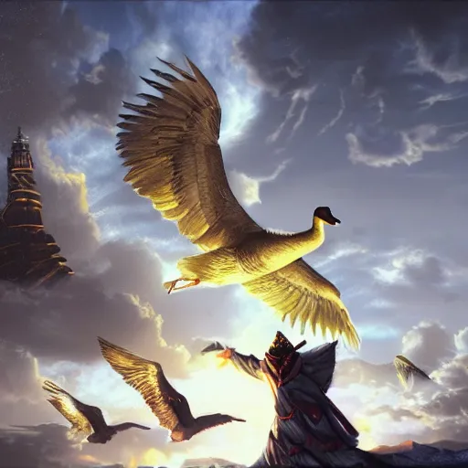 Prompt: the huge goose god is going to destroy the world, epic lighting, composition, highly detailed