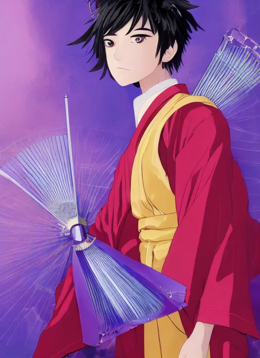 Image similar to teenager boy with straight indigo hair, purple eyes with red eye markers, slim body, wearing a detailed Japanese kimono with golden armpieces, holding a pair of fans. rich vivid colors, ambient lighting, dynamic lighting, 4k, official media, anime key visual, makoto shinkai, ilya kuvshinov, lois van baarle, rossdraws, detailed, trending on artstation