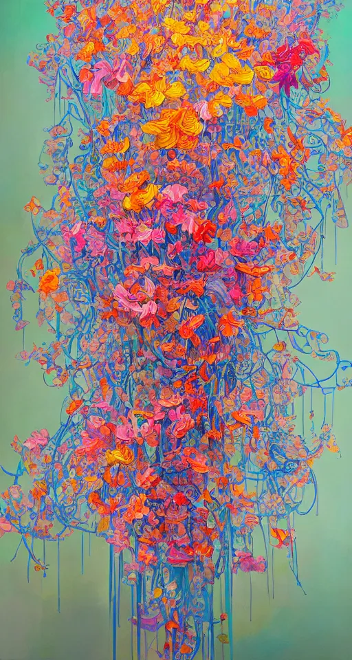 Image similar to a bouquet of ethereal big colorful transparent entangled flowers, direct sunlight, glowing, vivid, detailed painting, by James Jean, masterpiece, award winning painting