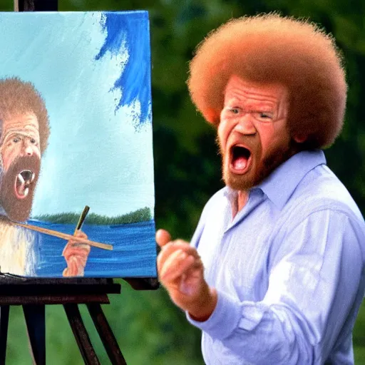 Image similar to insanely angry bob ross screaming at an ugly painting