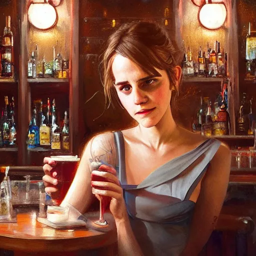 Image similar to highly detailed painting of emma watson drunk in a bar, stephen bliss, 8 k, by greg rutkowski, loish, rhads, artgerm, ferdinand knab, makoto shinkai and lois van baarle, ilya kuvshinov, rossdraws, global illumination, radiant light, detailed and intricate environment