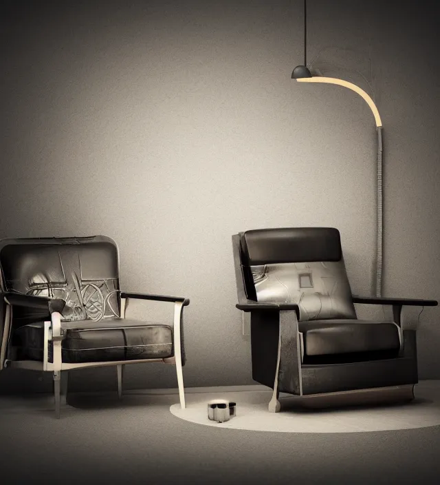 Prompt: a comfortable leather armchair with neon light corners, intricate details, black background, octane render