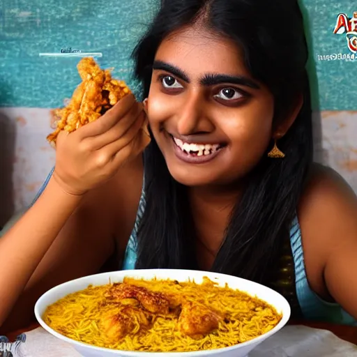 Prompt: A college student is eating chicken biryani in an Andhra mess, highly detailed, 4k