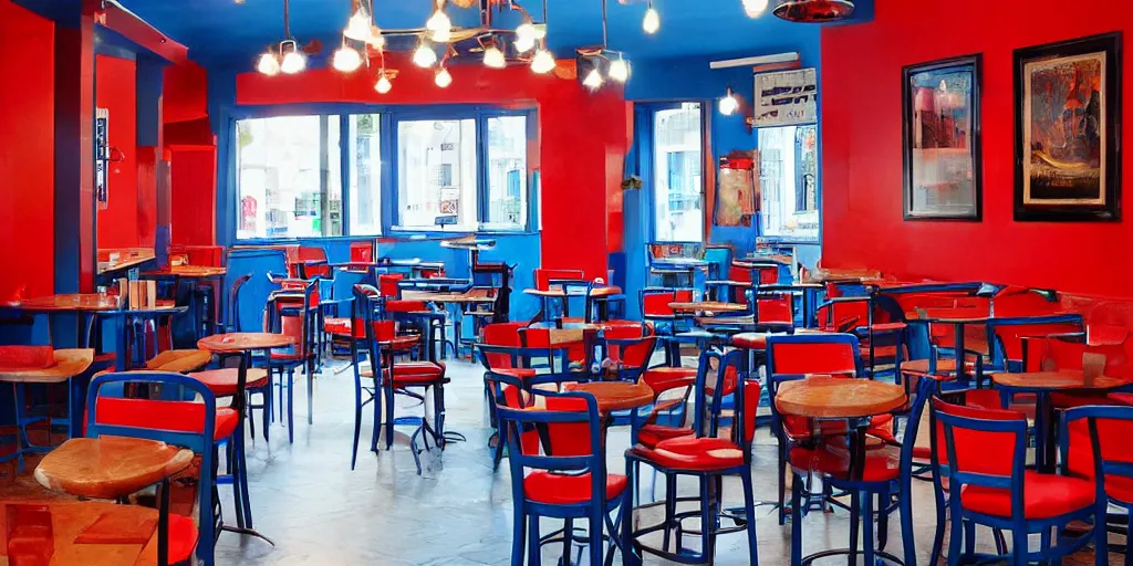 Image similar to cafe interior, blue and red tones