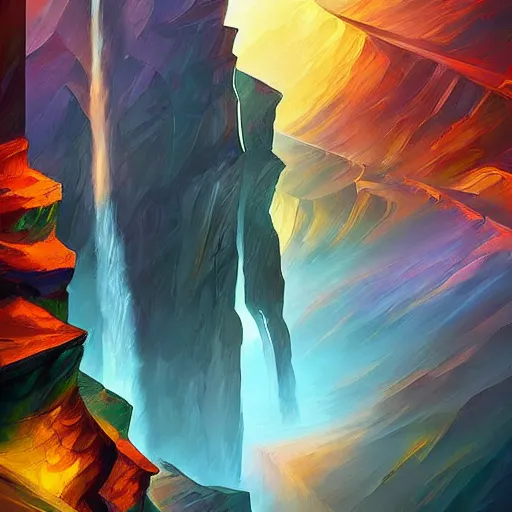 Image similar to palace valley cliff sharp focus weird geometric cinematic detailed by leonid afremov, artgerm, tim white, evgeny lushpin, android jones