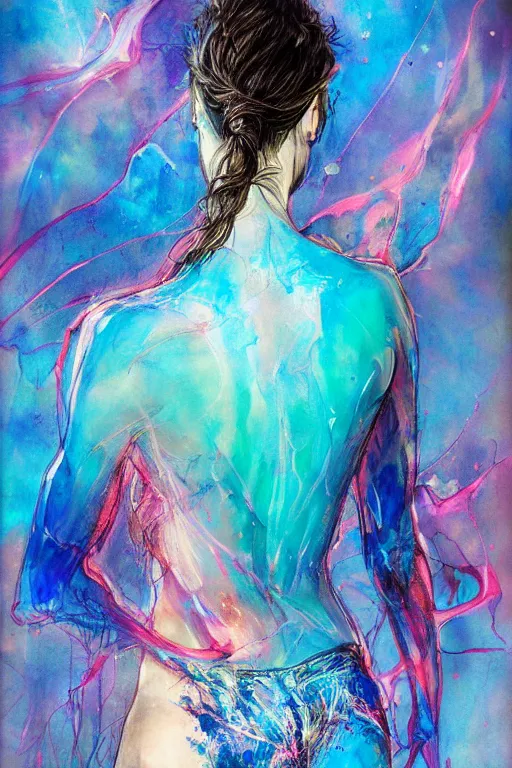 Image similar to gal gadot by agnes cecile enki bilal moebius, intricated details, 3 / 4 back view, full body portrait, extremely luminous bright design, pastel colours, drips, autumn lights