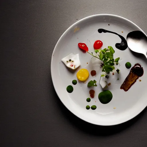 Prompt: brilliant food dish from Alinea 2023 - photograph of plate from above 1920x1080