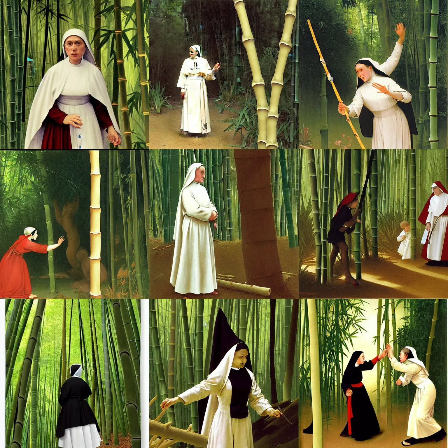 Prompt: still image of a nun fighting the pope in a bamboo forest, by bouguereau