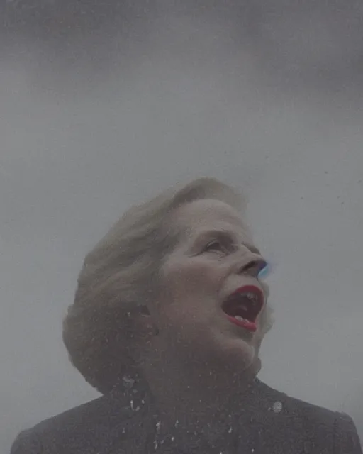 Image similar to margaret thatcher covered in rain, close - up, atmospheric moody hyper realistic award winning color cinematic still 8 k